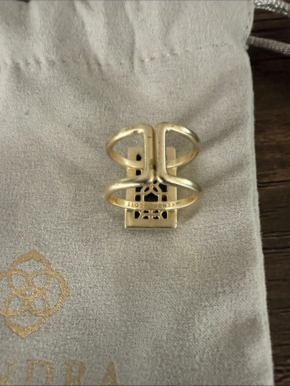Kendra Scott Gold-Tone Ring with Black Druzy Rectangle. Adjustable.